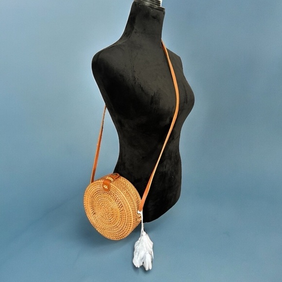 Handbags - Brown woven crossbody bag with white tassel!